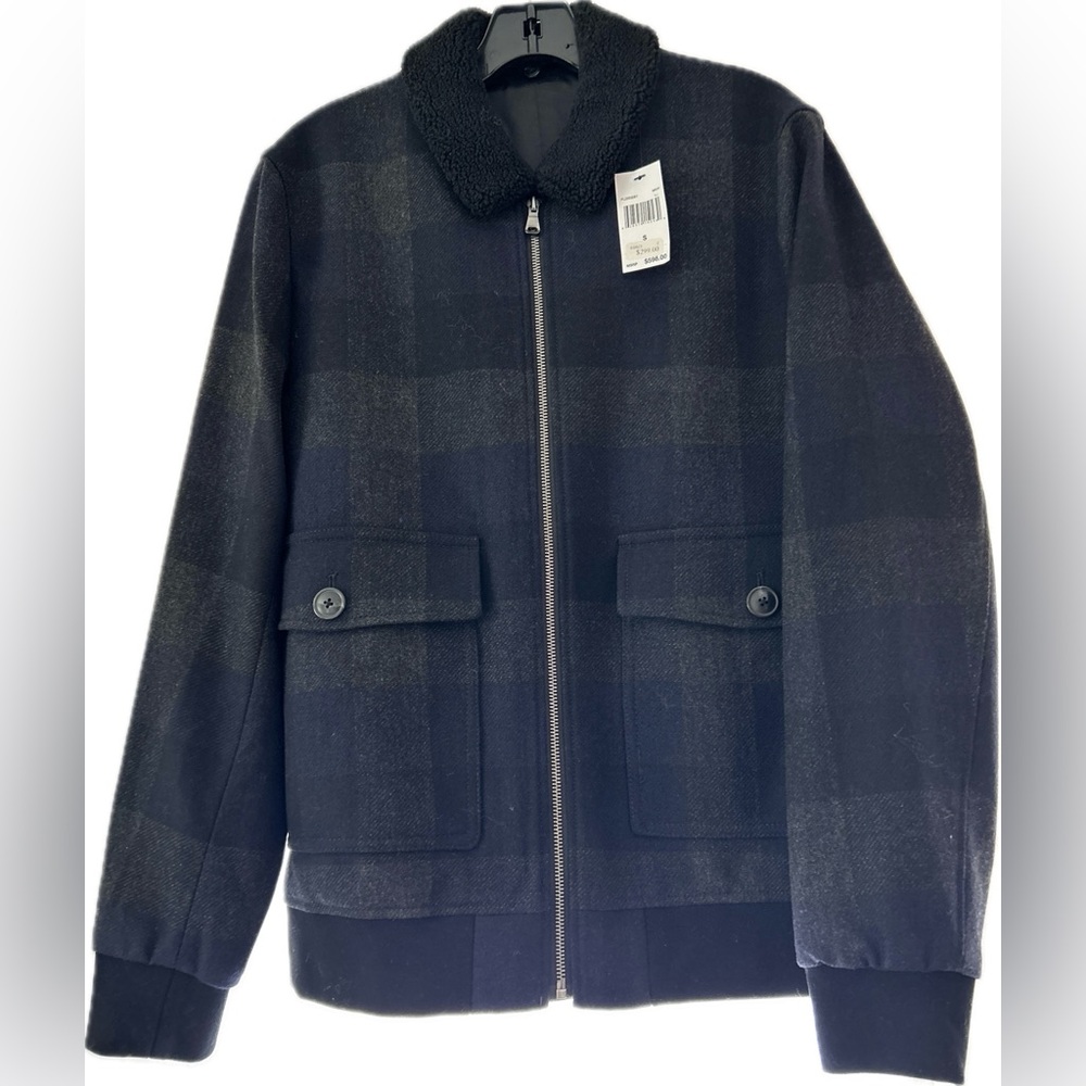 NWT Saks Fifth Avenue Slim Fit Plaid Faux Shearling Collar Bomber Jacket in Navy